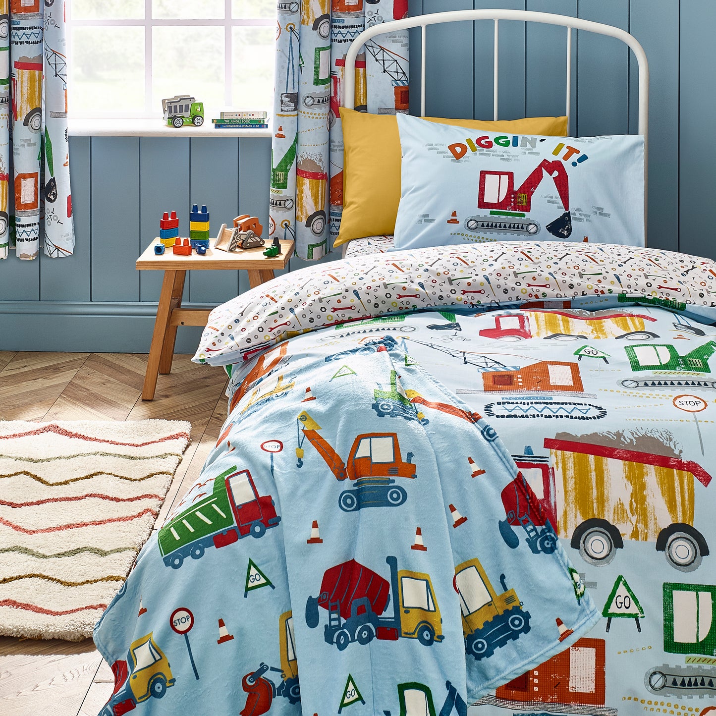 Digger Dreams Reversible Duvet Cover Set in Blue by Catherine Lansfield Kids