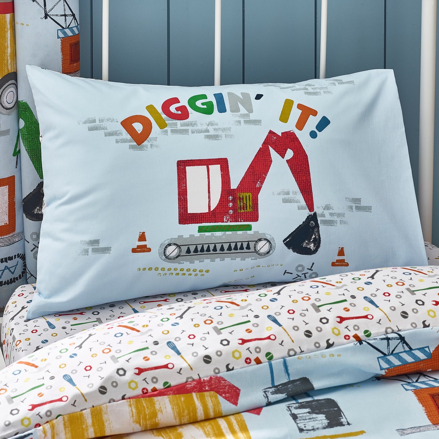 Digger Dreams Reversible Duvet Cover Set in Blue by Catherine Lansfield Kids