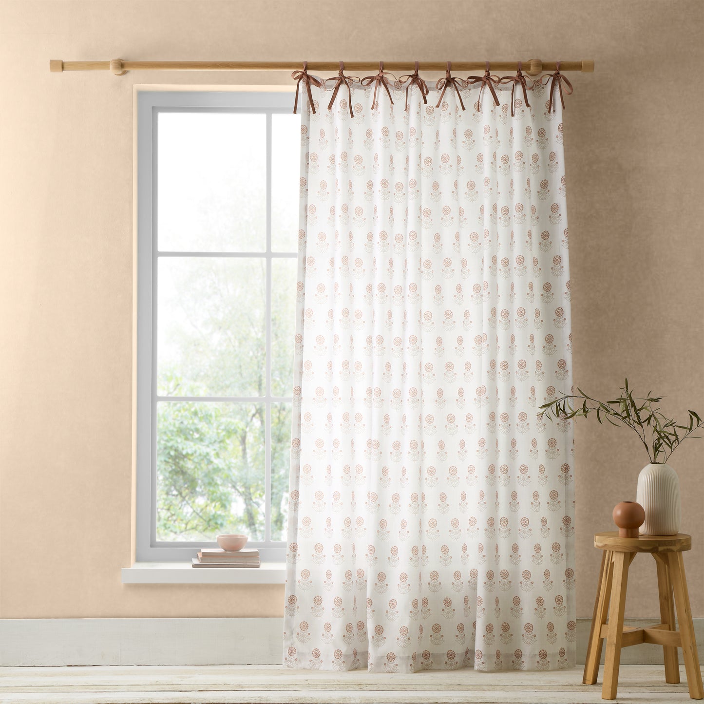 Woodblock Floral So Soft Voile Curtain Panel in Clay by Pineapple Elephant