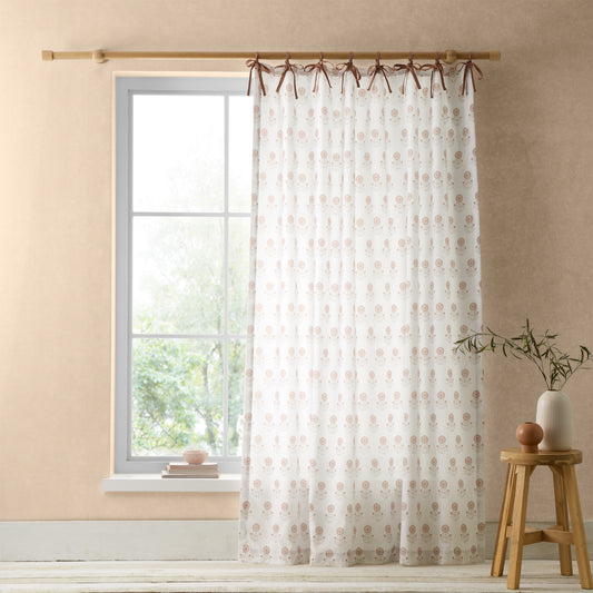 Woodblock Floral So Soft Voile Curtain Panel in Clay by Pineapple Elephant