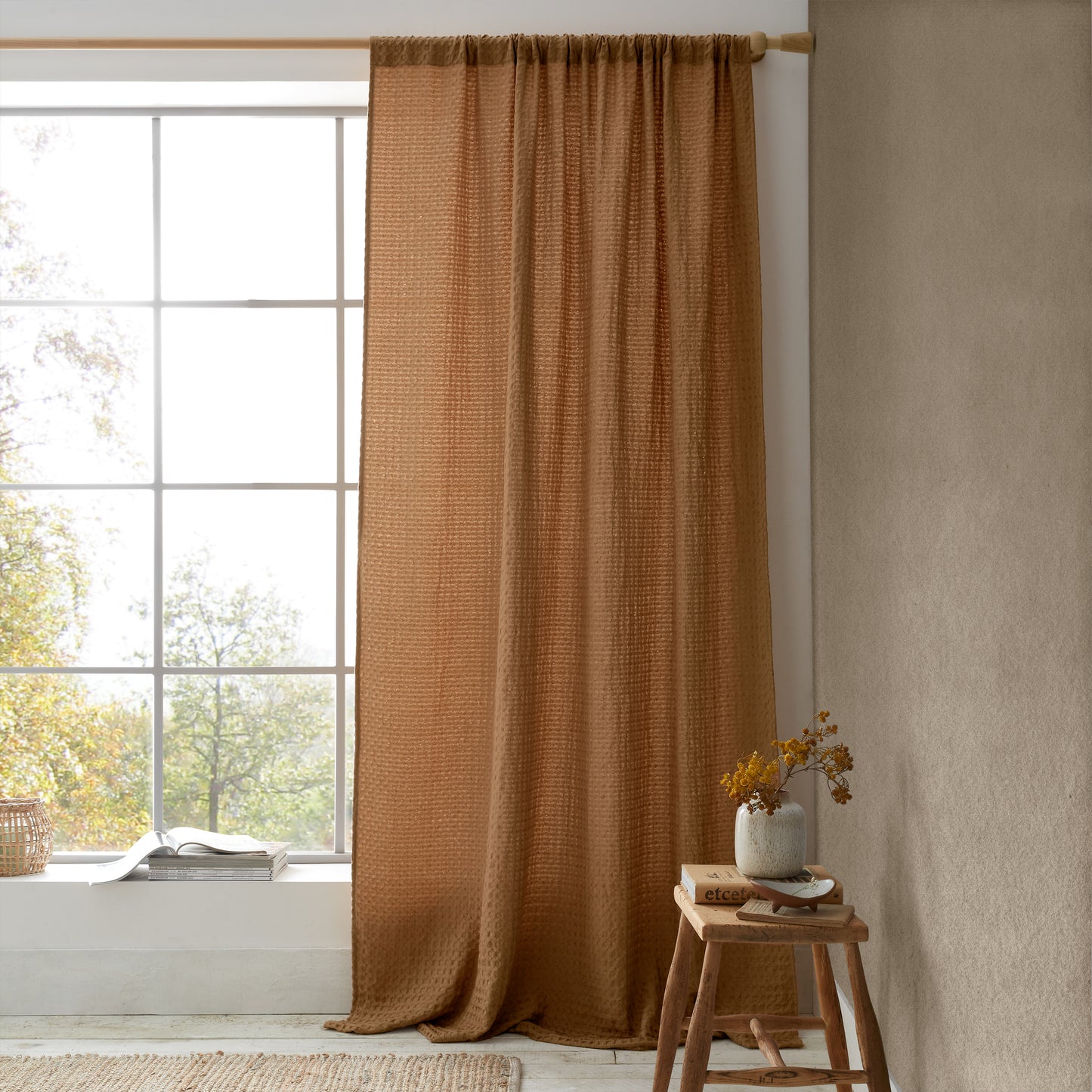 Muscat Waffle Slot Top Voile Curtain Panel in Caramel by Pineapple Elephant