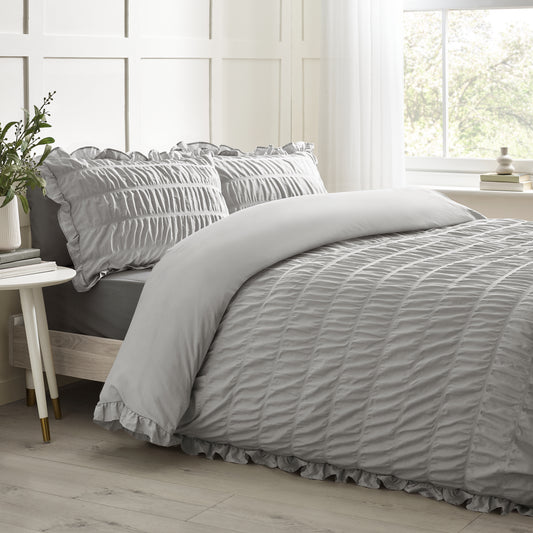 Seersucker Frill Duvet Cover Set in Silver by Catherine Lansfield