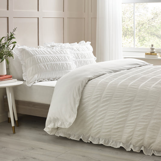 Seersucker Frill Duvet Cover Set in White by Catherine Lansfield