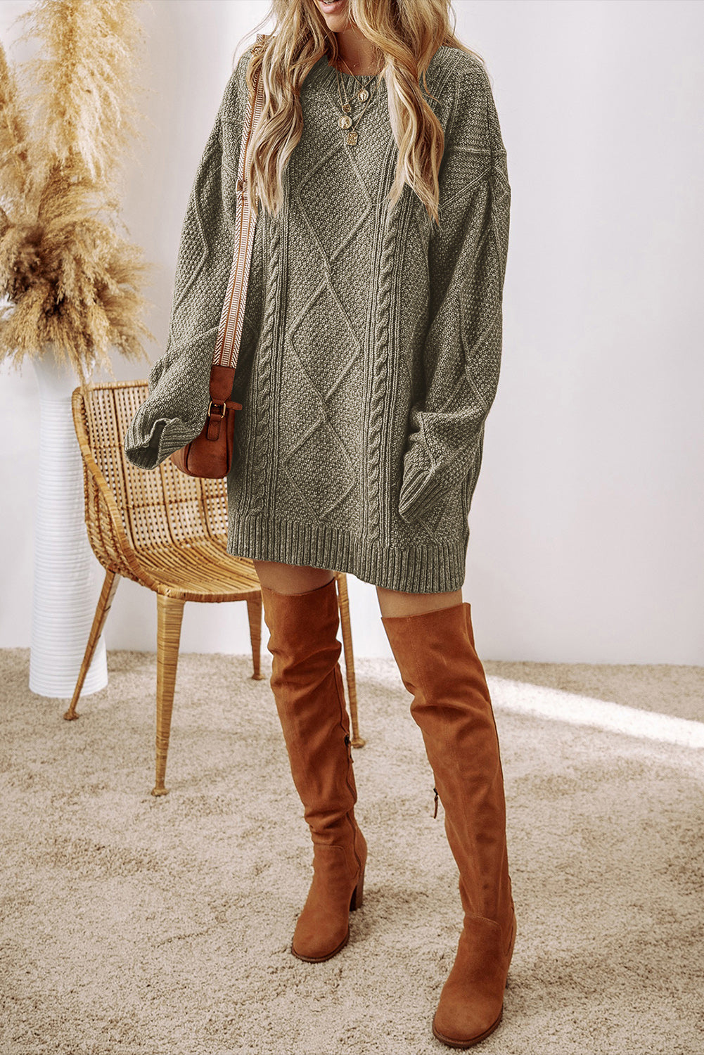 Twist Cable Knit Drop Shoulder Loose Fit Sweater Dress