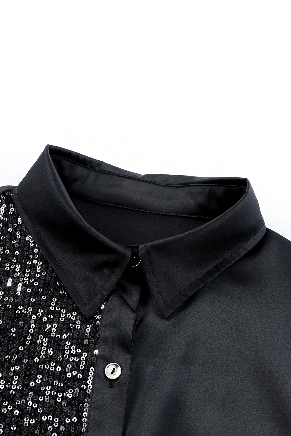 Black Sequin Splicing Pocket Casual Buttoned Shirt Dress