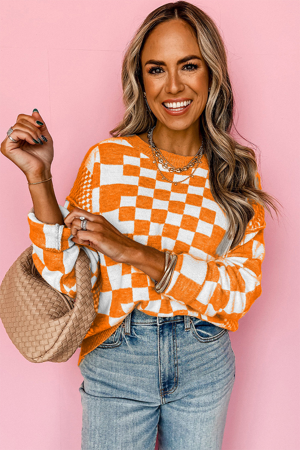 Checkered Drop Shoulder Round Neck Sweater