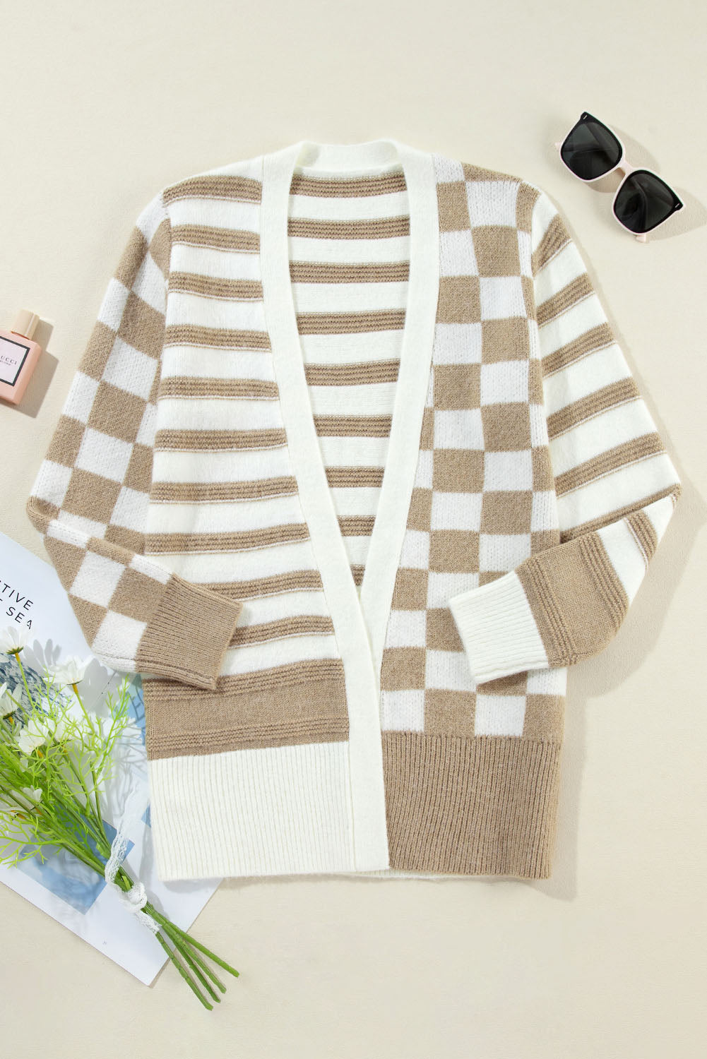 Smoke Grey Gingham Striped Knitted Open Front Cardigan