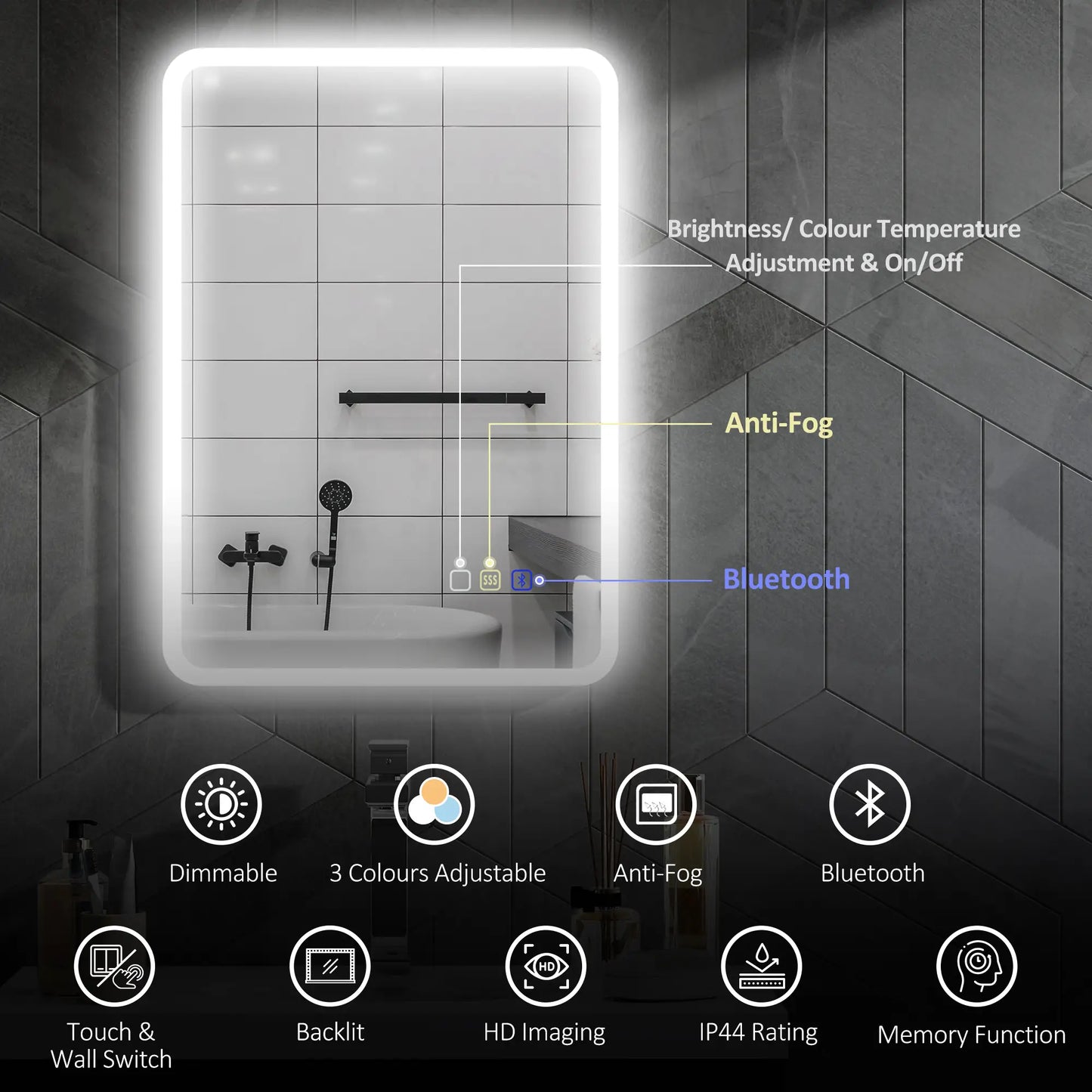 Backlit Illuminated Bathroom Mirror with LED Lights and Bluetooth - Silver Tone