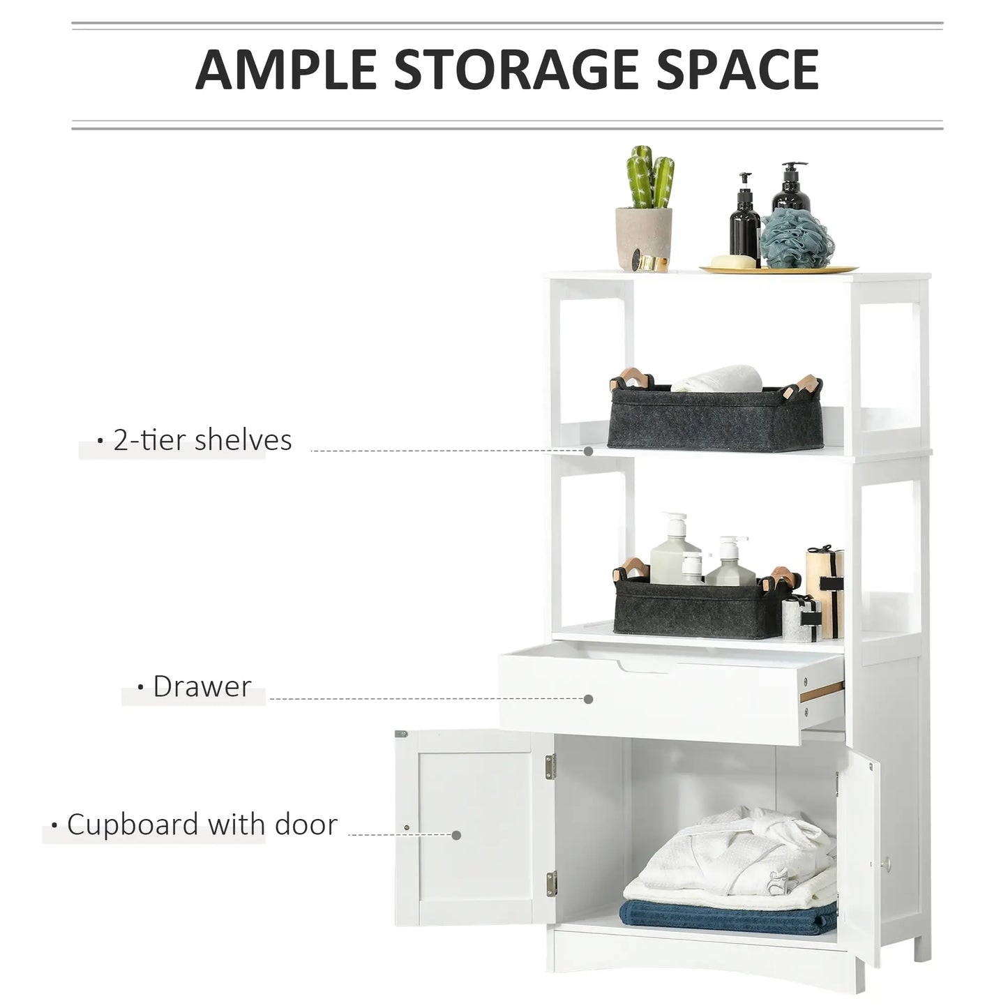 White Bathroom Floor Cabinet - Storage with Drawer, Open Shelves & Cupboard