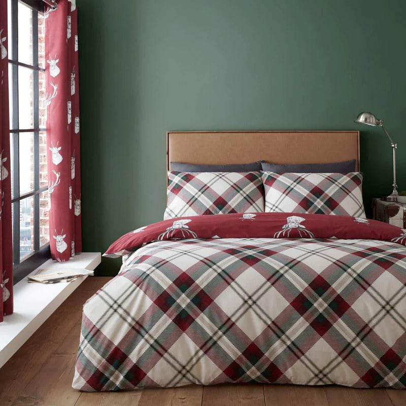 Munro Stag Tartan Check Reversible Red Duvet Cover Set by Catherine Lansfield