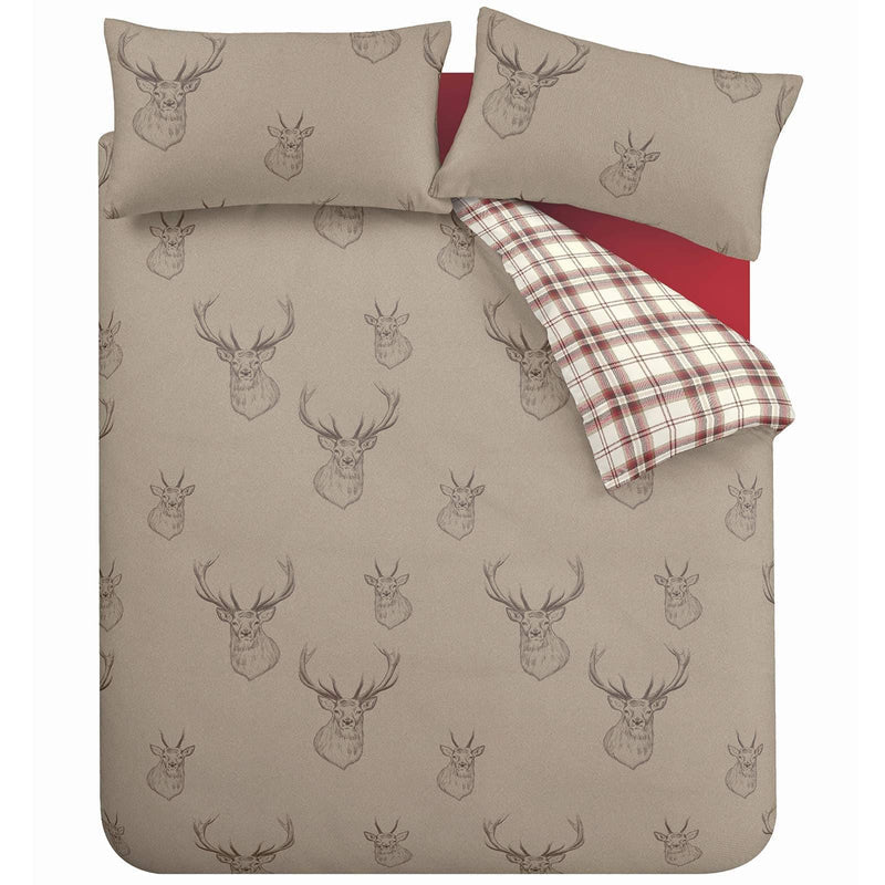 Stag Tartan Check Reversible Natural & Red Duvet Cover Set by Catherine Lansfield