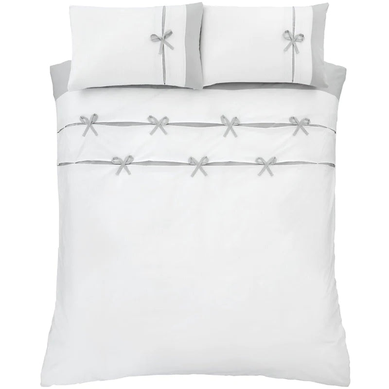 Milo Bow Pleated Detail White & Grey Duvet Cover Set by Catherine Lansfield