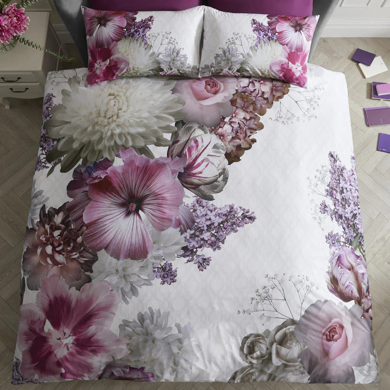 Mayfair Lady Floral Print 100% Cotton Purple Duvet Cover Set by Laurence Llewelyn-Bowen