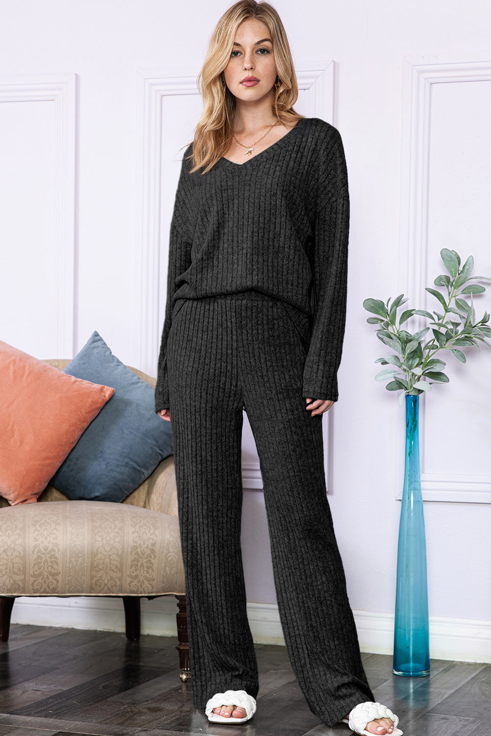 Slouchy Ribbed Knit V Neck Top & Pants Loungewear Set