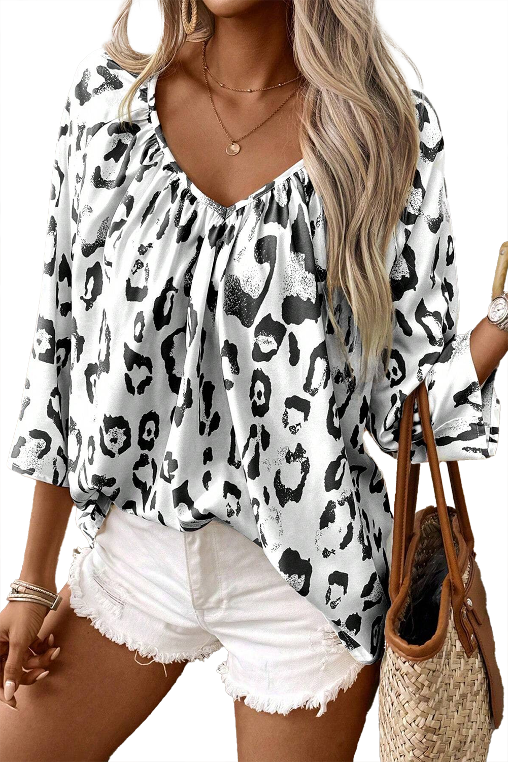 Leopard Print V Neck 3/4 Sleeve Blouse