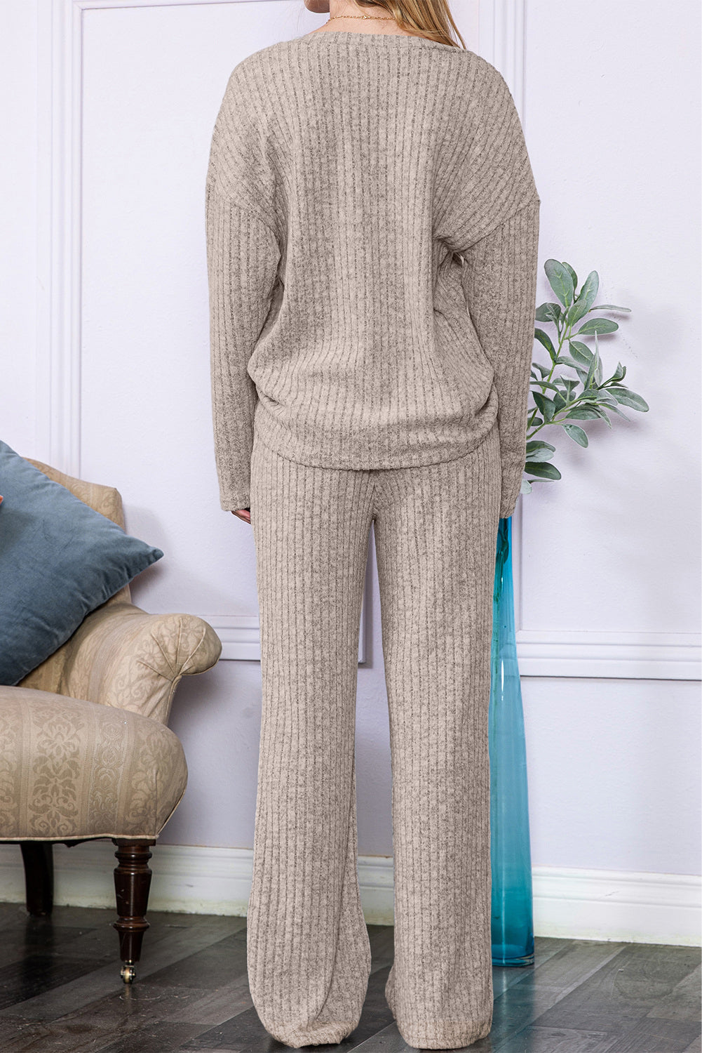 Slouchy Ribbed Knit V Neck Top & Pants Loungewear Set