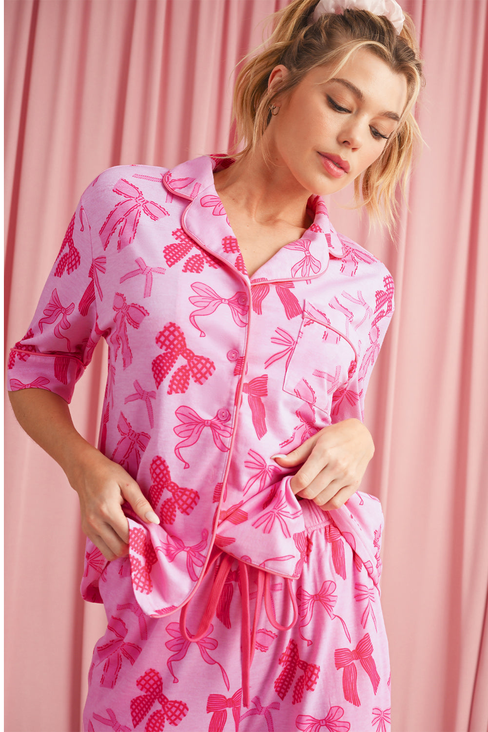 Pink Bow Knot Print Lapel Collar Short Sleeve and Pants Pajamas Set