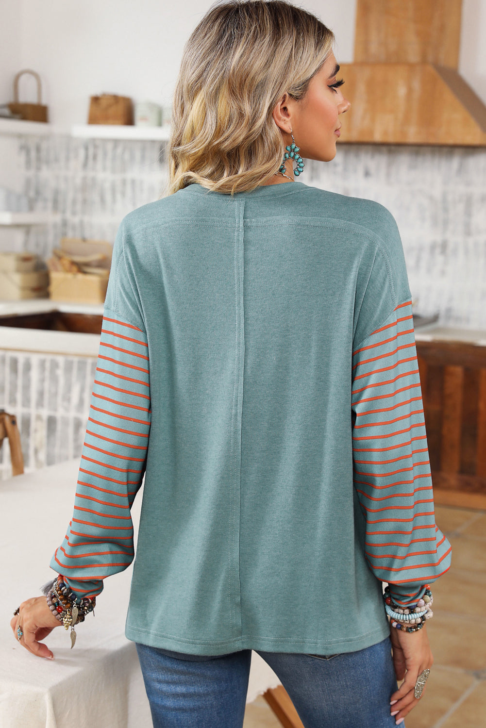 Colorblock Striped Bishop Sleeve Top