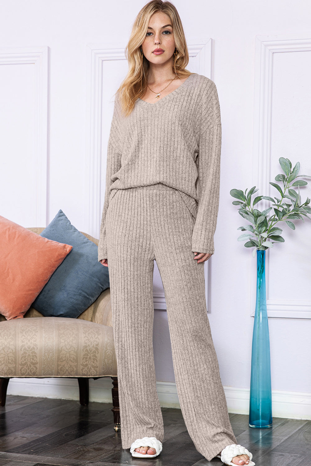 Slouchy Ribbed Knit V Neck Top & Pants Loungewear Set