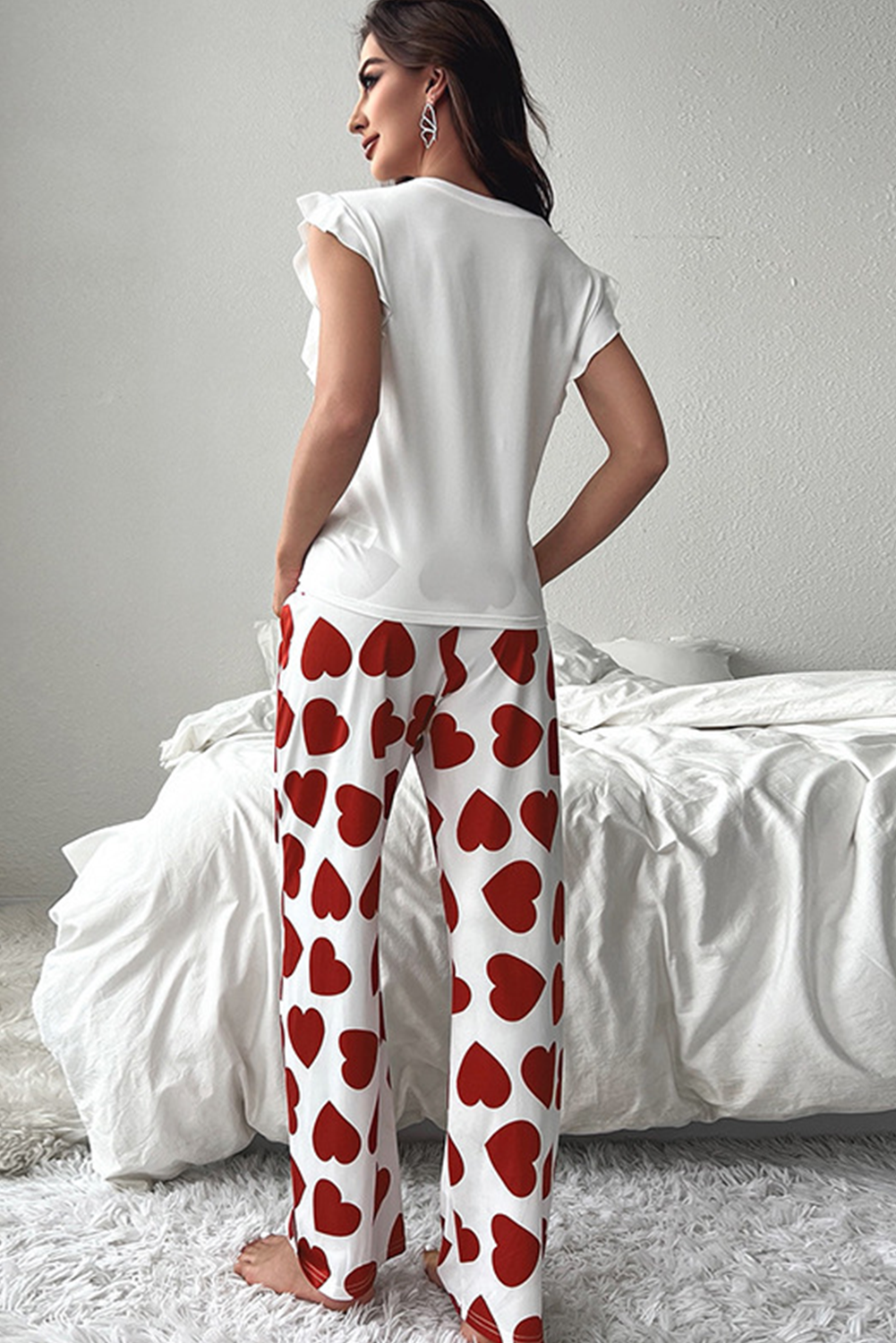 Print Ruffle Sleeveless Top and Pants Valentines Pajama Set