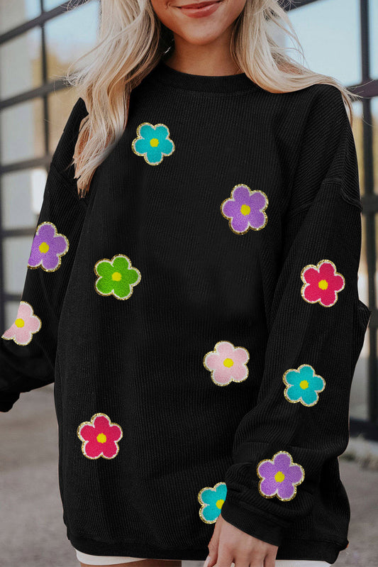 Black Flower Chenille Glitter Embroidered Ribbed Sweatshirt