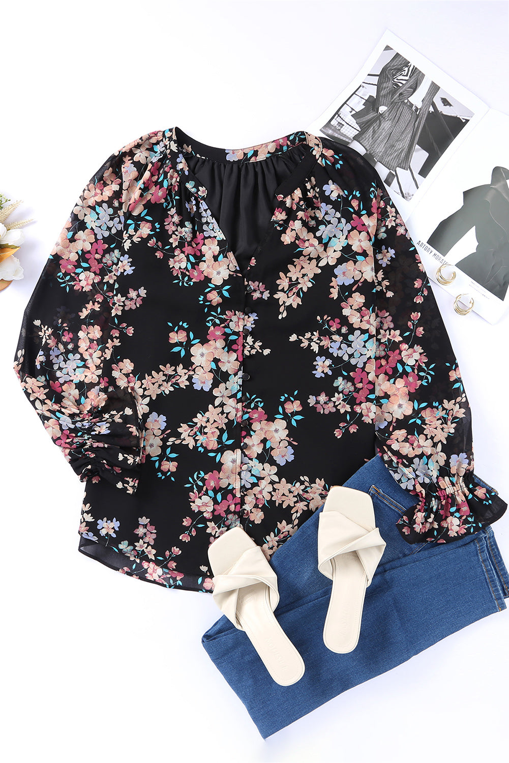 Black Floral Boho Chiffon Peasant Sleeve Blouse