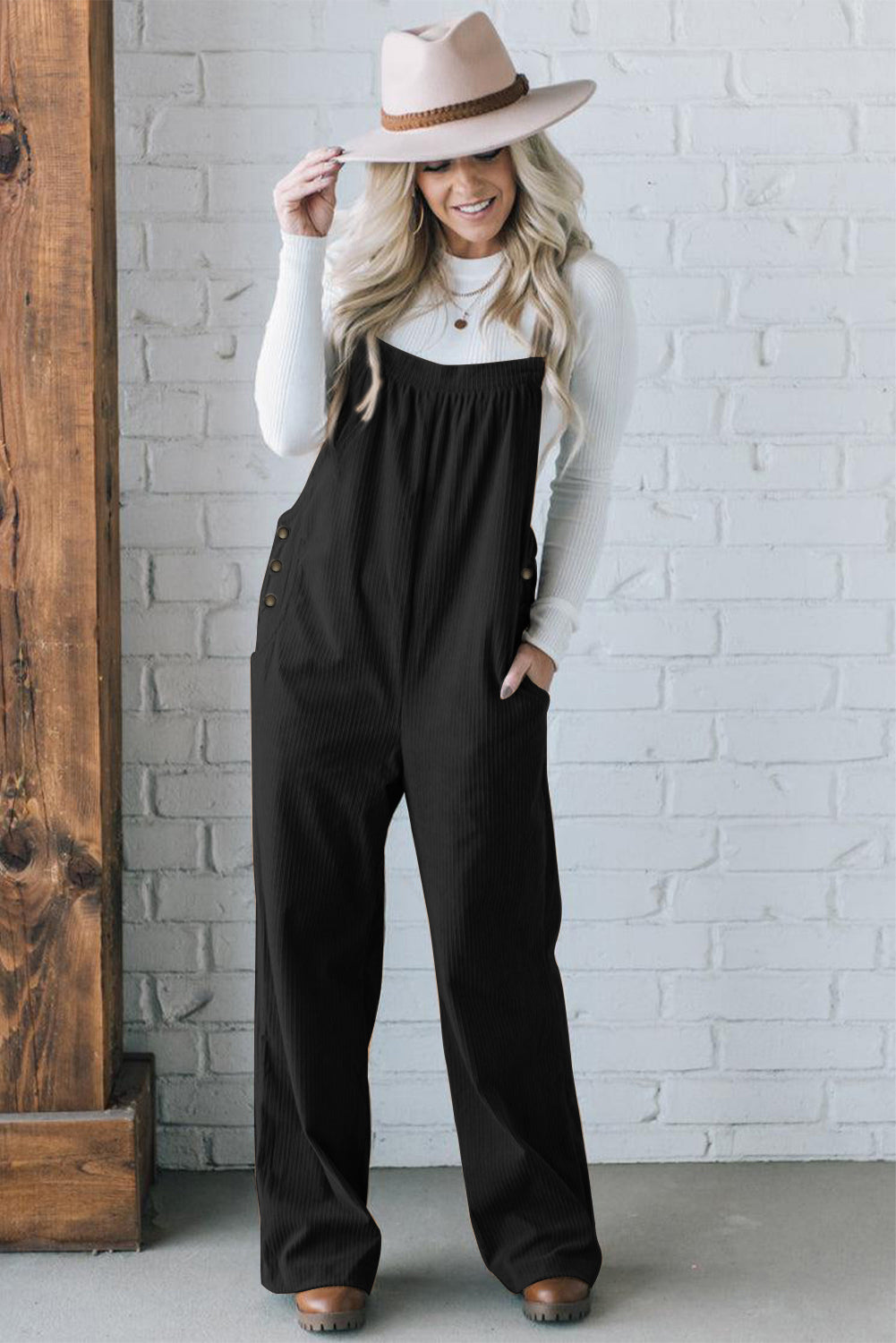 Plain Pocketed Loose Fit Corduroy Overalls