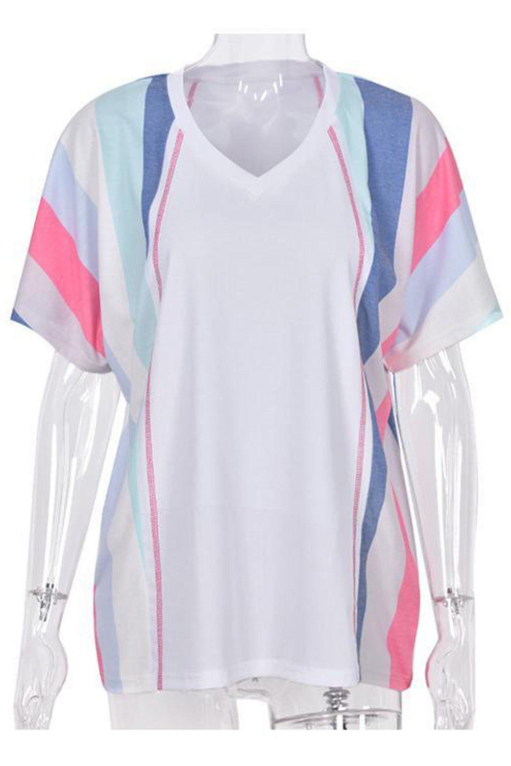 White Stripe Colorblock V Neck T Shirt