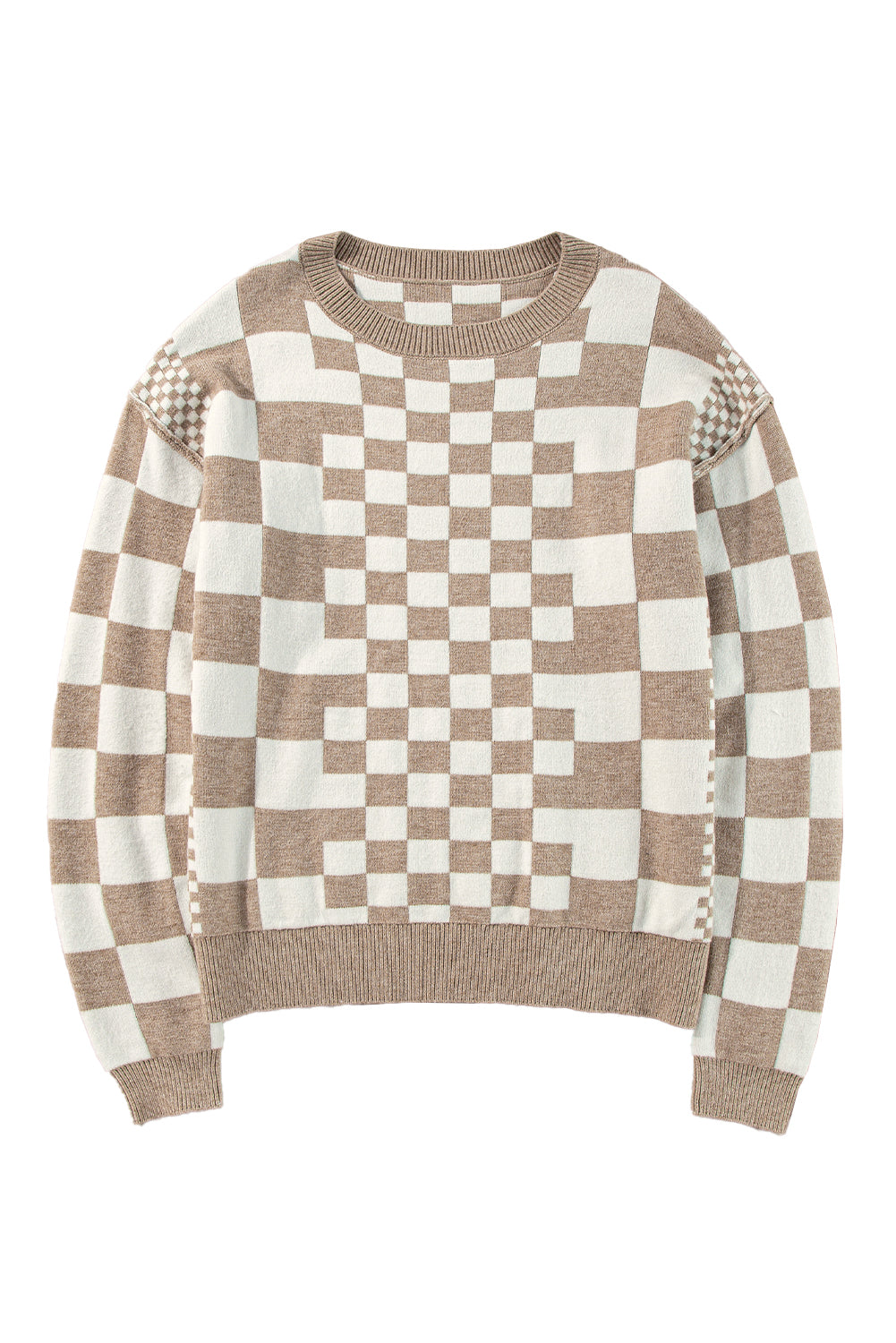 Checkered Drop Shoulder Round Neck Sweater