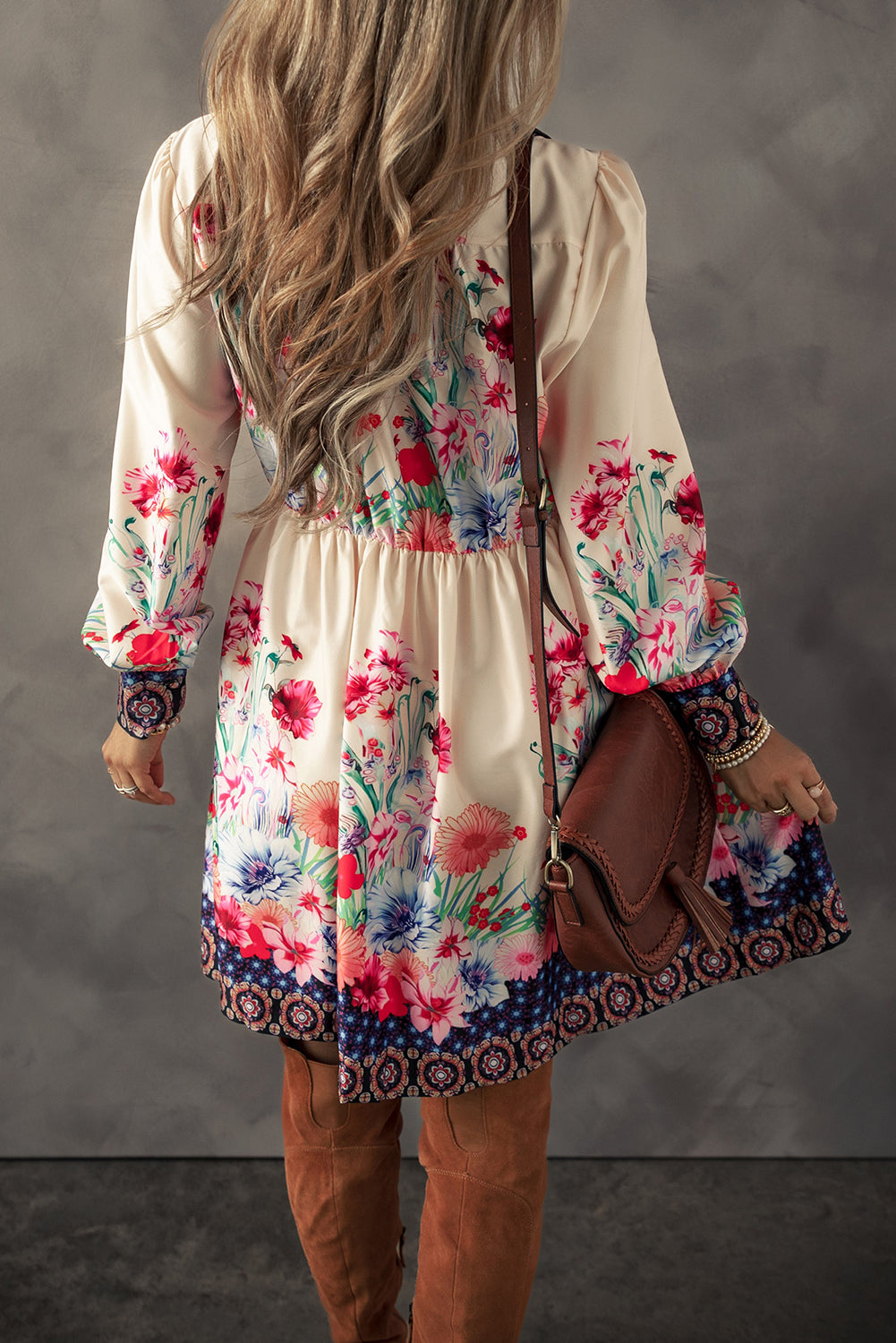 Apricot Floral Print Buttoned High Waist Mini Dress