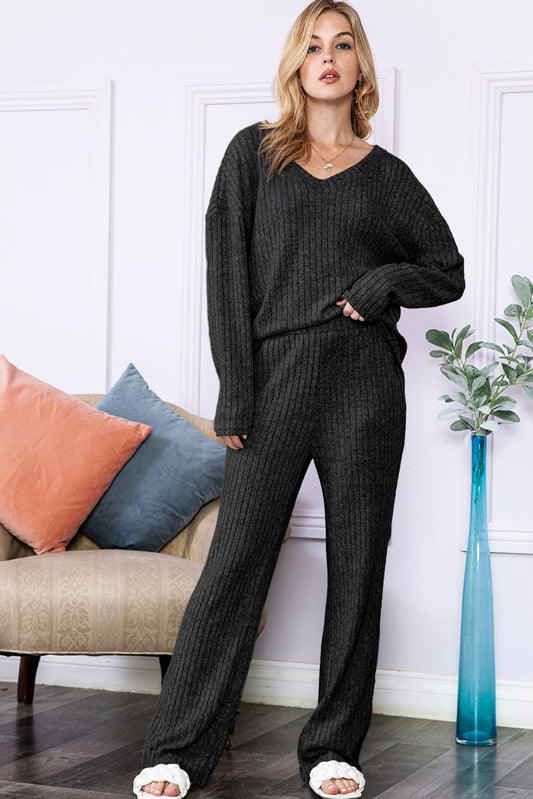 Slouchy Ribbed Knit V Neck Top & Pants Loungewear Set