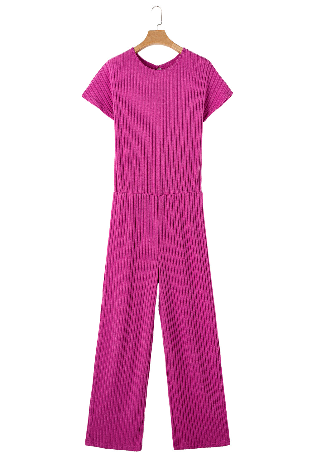 Solid Color Ribbed Short Sleeve Wide Leg Jumpsuit