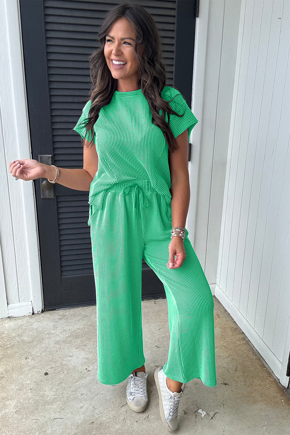 Solid Corded Short Sleeve T Shirt And Wide Leg Pants Set