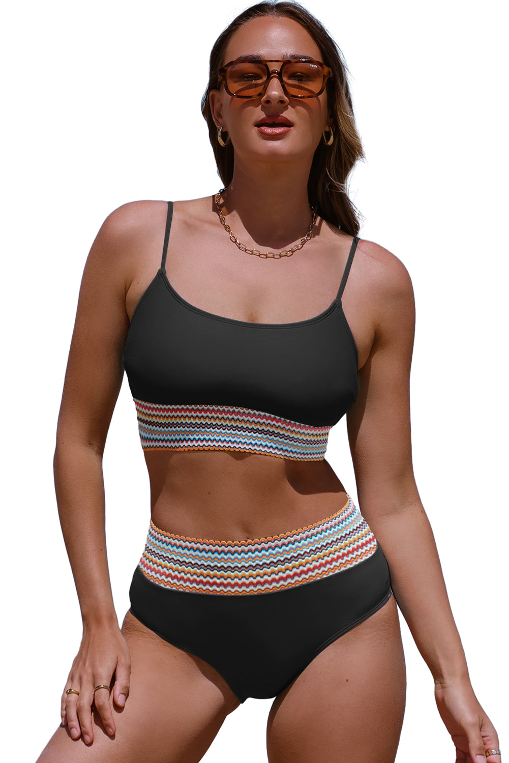 Striped Patchwork Spaghetti Strap High Waist Bikini Set