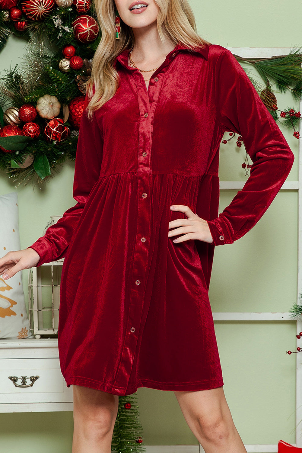 Long Sleeve Ruffle Velvet Button Up Shirt Dress