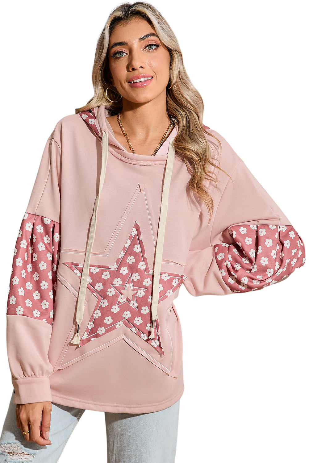 Floral Patchwork Star Pattern Drawstring Hoodie