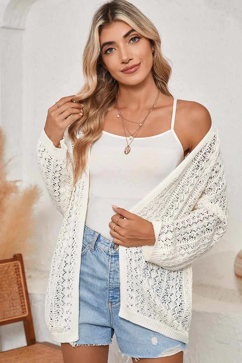 Hollow Out Crochet Knit Drop Shoulder Open Front Cardigan