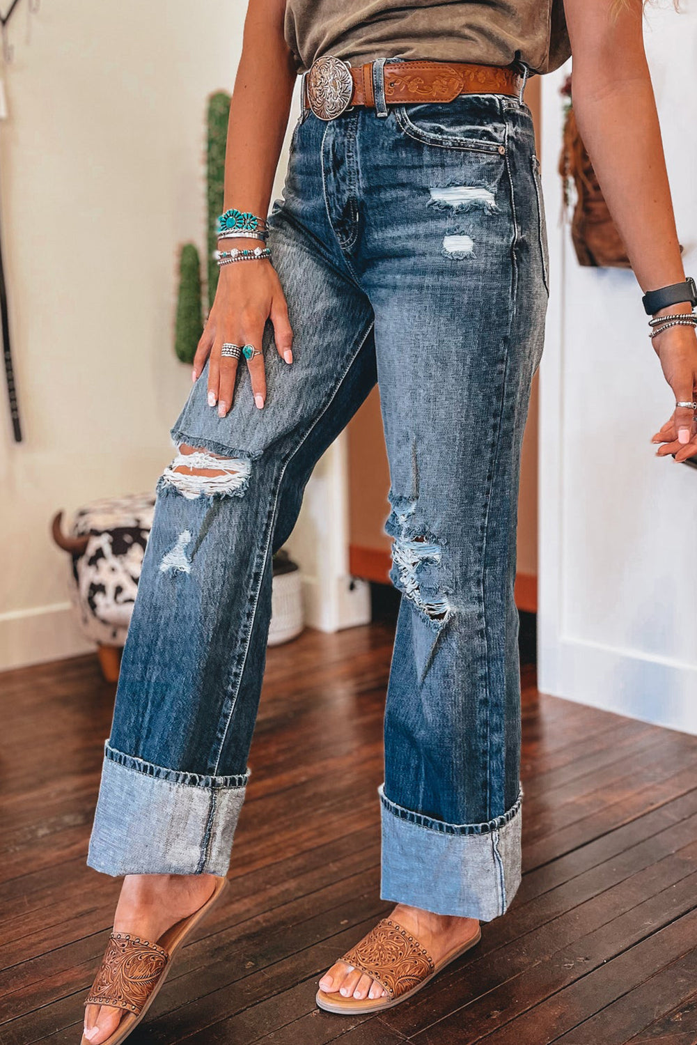 Dusk Blue Mineral Washed High Rise Ripped Jeans