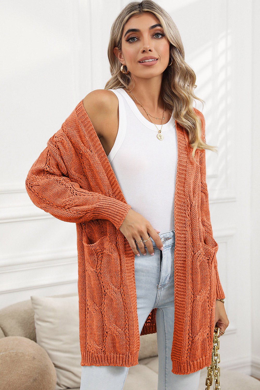 Red Ribbed Trim Hollow Knit Side Slits Cardigan