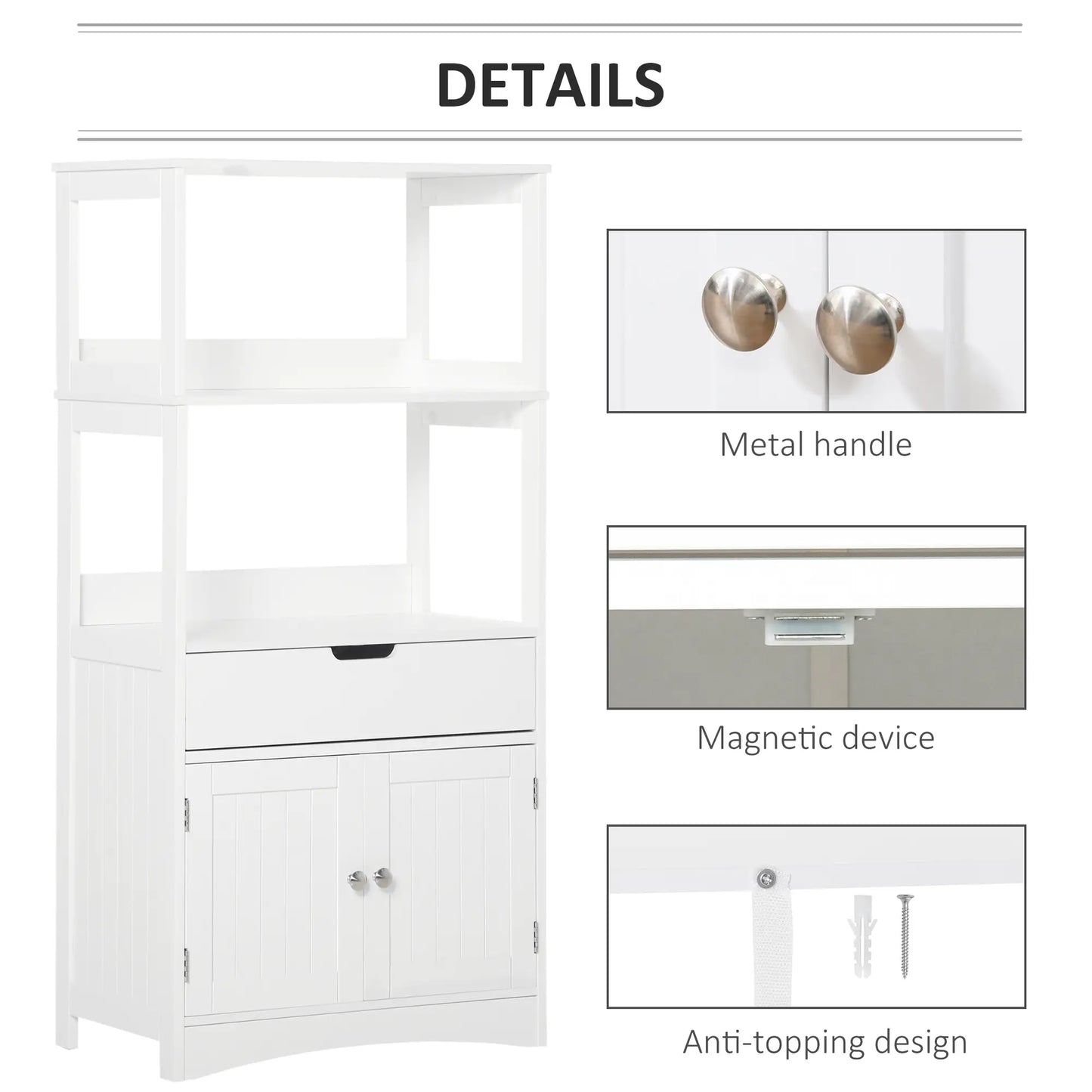 White Bathroom Floor Cabinet - Storage with Drawer, Open Shelves & Cupboard