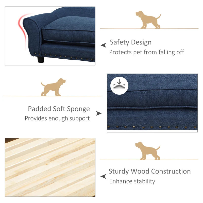 Dog Sofa for Small Dogs, Pet Chair Couch with Thick Sponge Padded Cushion, Kitten Lounge Bed with Washable Cover, Wooden Frame - Blue