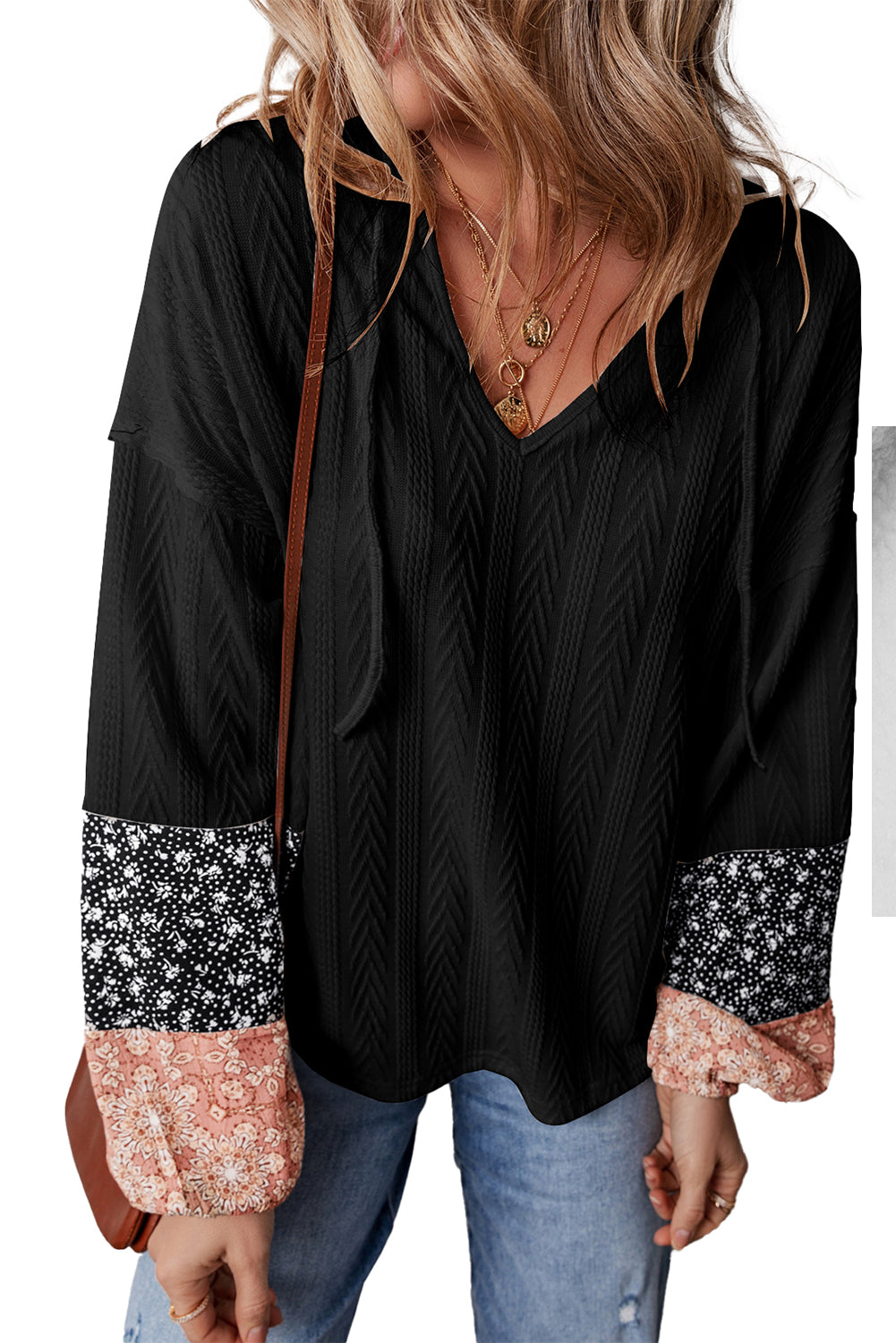 Floral Patchwork Textured Drawstring V Neck Top