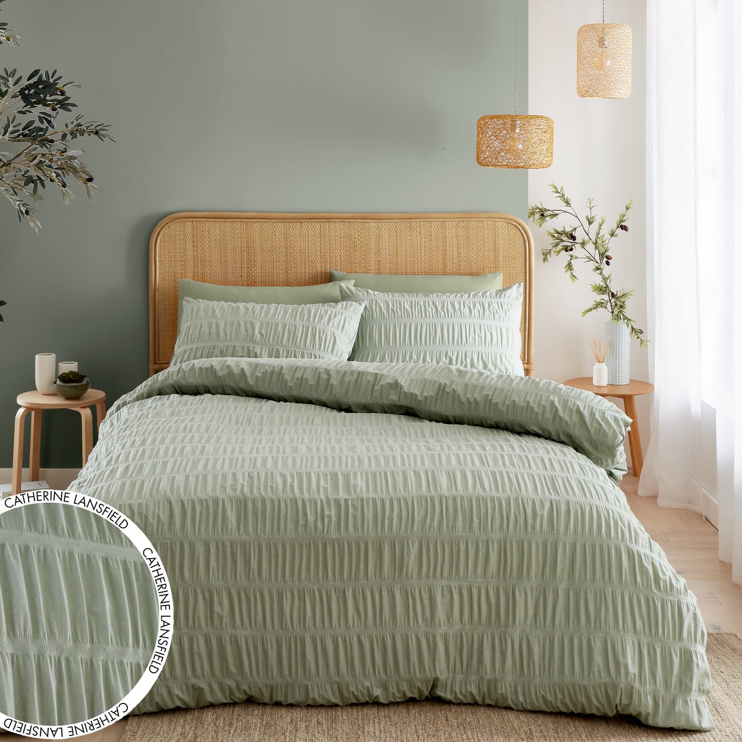 Seersucker Duvet Cover Set in Sage Green by Catherine Lansfield