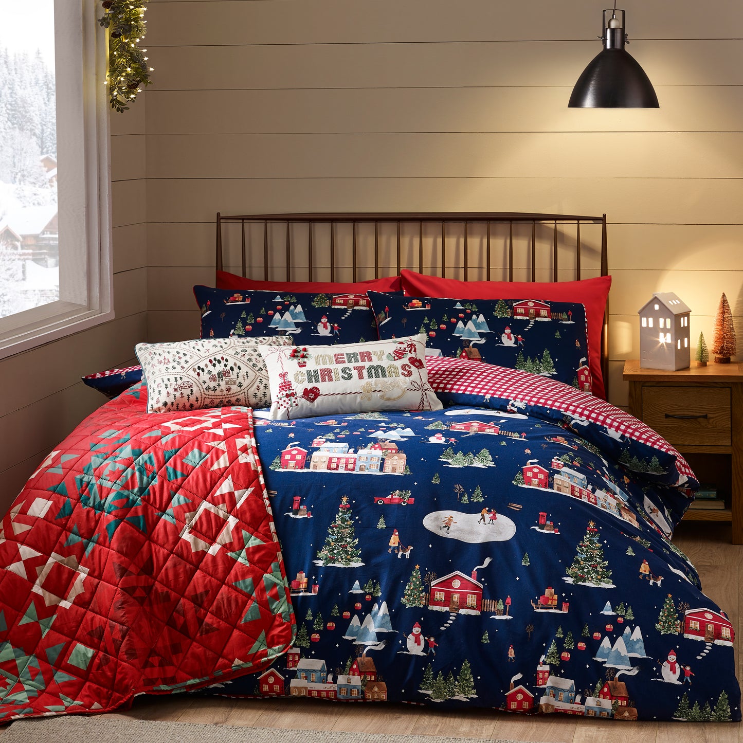 Christmas Ski Village Reversible Duvet Cover Set in Navy Blue by Catherine Lansfield