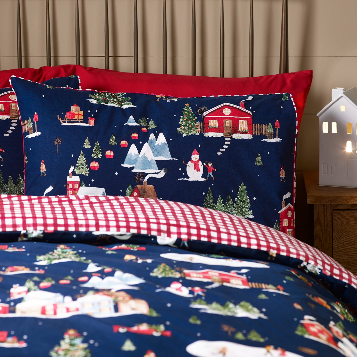 Christmas Ski Village Reversible Duvet Cover Set in Navy Blue by Catherine Lansfield