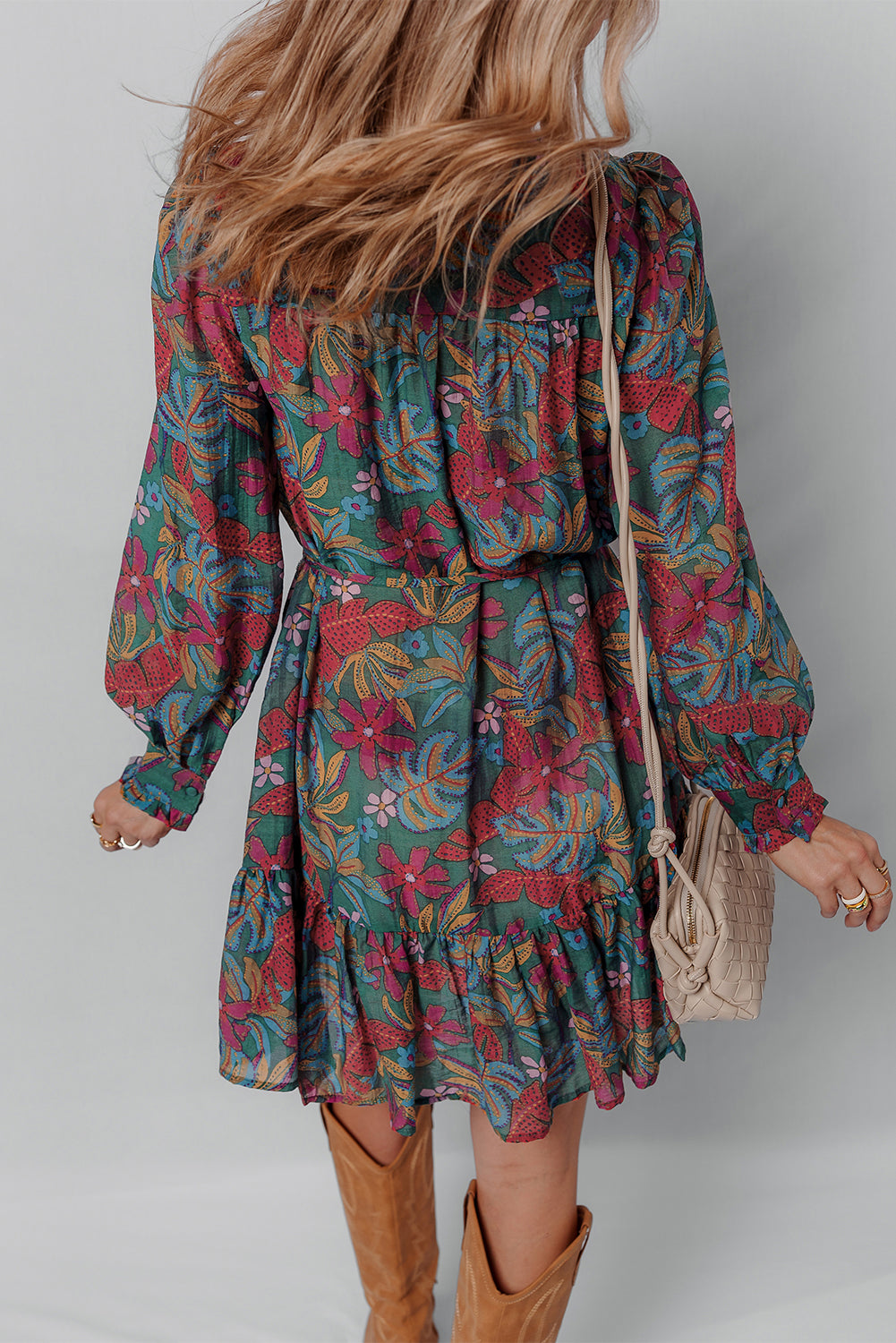Green Floral Frill V Neck Puff Sleeve Ruffle Mini Dress