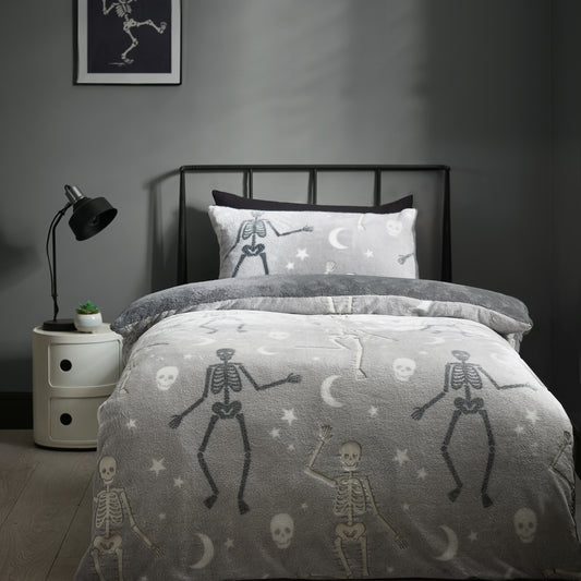 Halloween Skeleton Fleece Glow in the Dark Duvet Cover Set in Grey by Catherine Lansfield