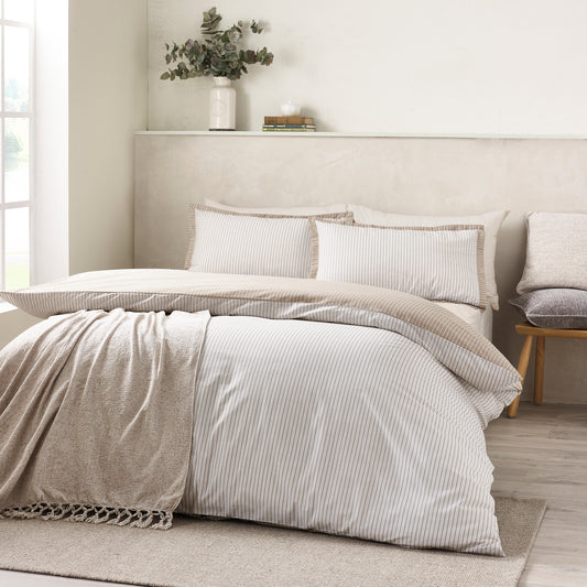 Oxford Pinstripe Reversible Duvet Cover Set in Natural by Catherine Lansfield
