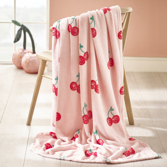 Catherine Lansfield Pink Oversized Disco Cherries Cosy Fleece Blanket Throw