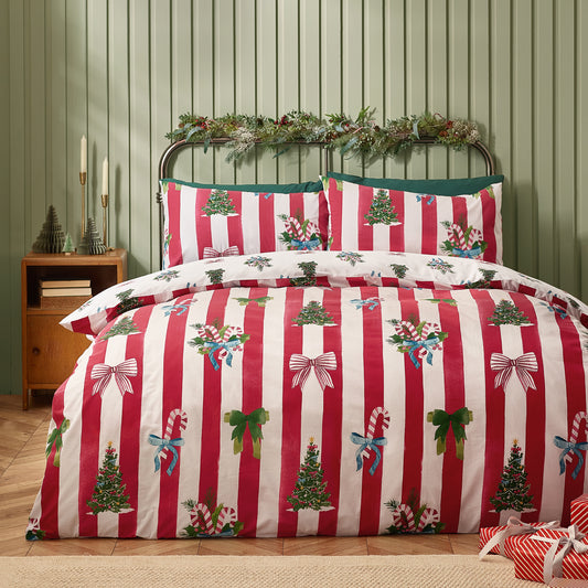 Christmas Stripe Reversible Duvet Cover Set in Red by Catherine Lansfield